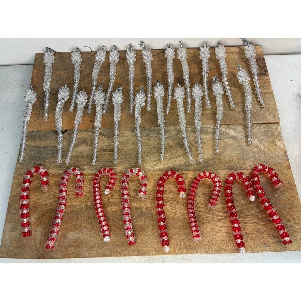 22 Vintage Christmas Clear Beaded Icicle Ornaments + 8 Candy Canes Handmade